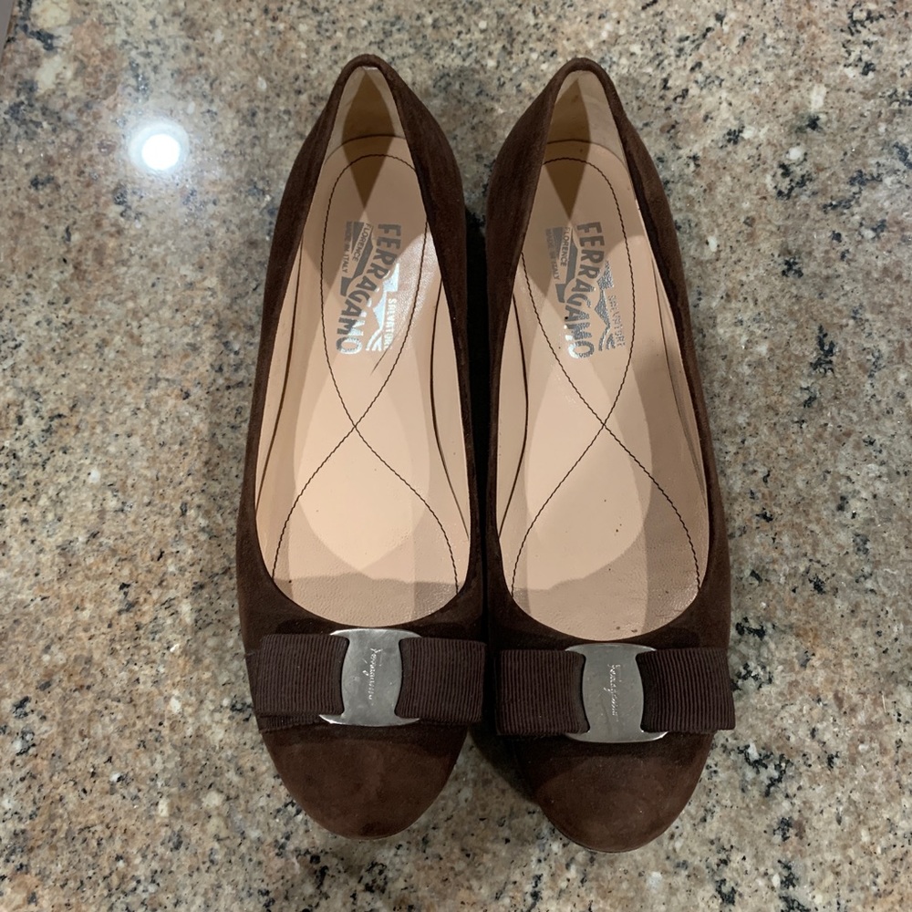 Salvatore Ferragamo brown suede Varina flats.
